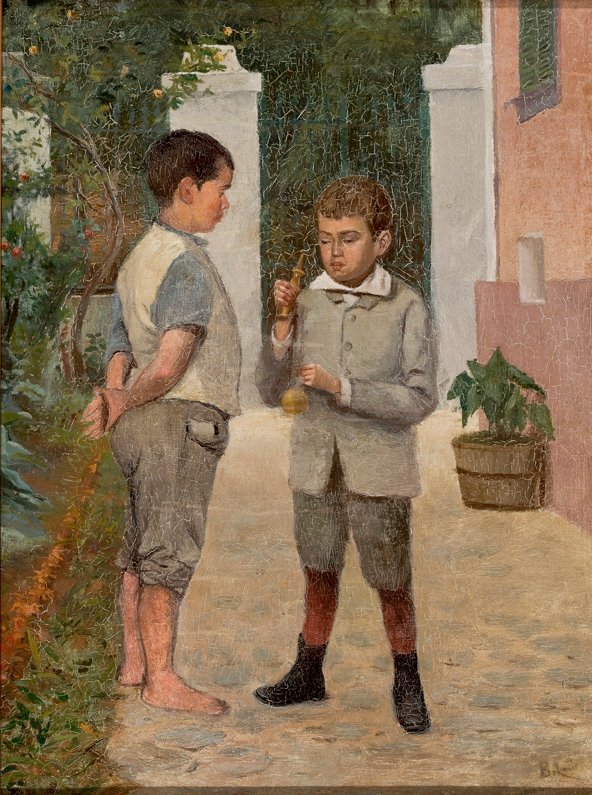 To drenge, der leger med et Kendama -legetøj, engelsk: To drenge, der leger Bilboquen af Belmiro de Almeida