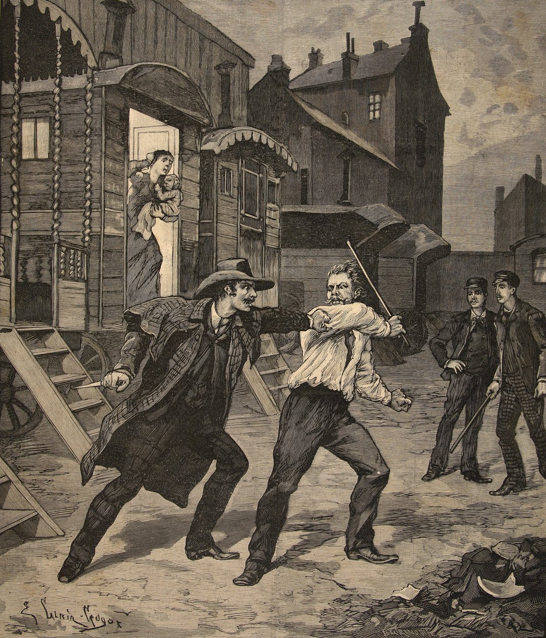 Gadeslagsmål mellem en tæmmer og en gadesælger, fra "Le Petit Parisien", 26. april 1891 af Beltrand and Clair Guyot, E. Dete