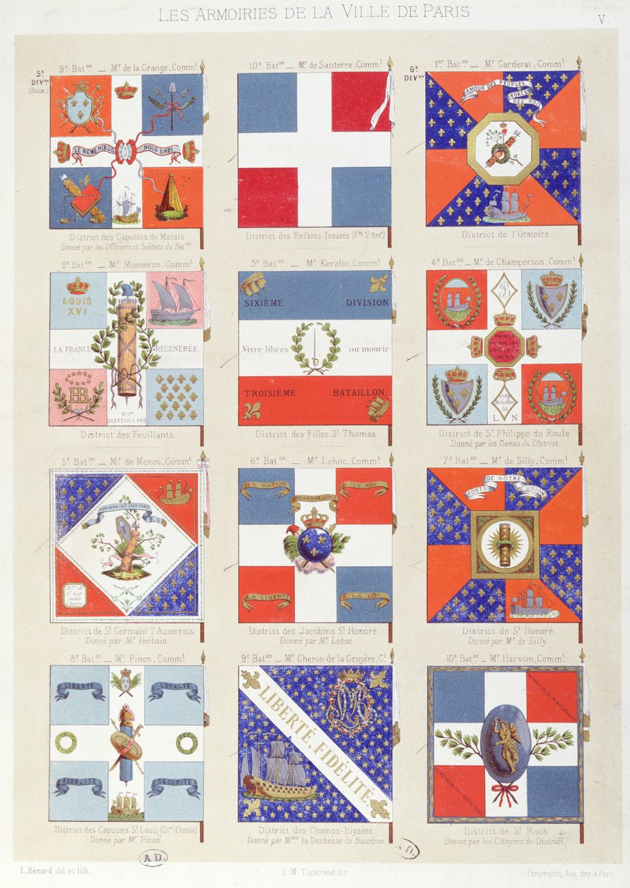 Flagene fra de forskellige distrikter i Paris (farvestik) af Robert Benard