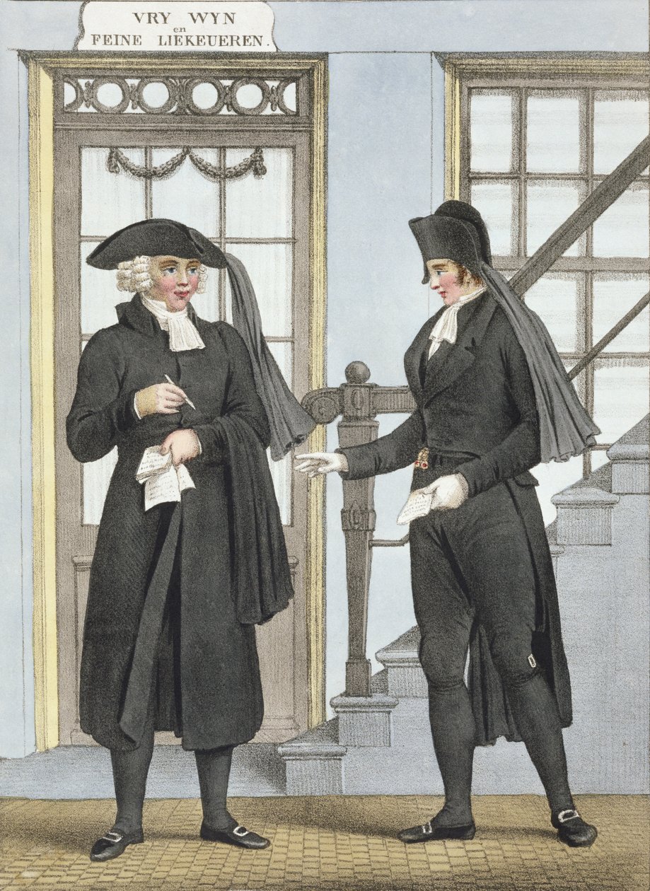 Begravelsesbetjente fra Amsterdam, illustration fra "Collections des Costumes des Provinces Septentrionales du Royaume des Pays Bas...", graveret af Villeneuve, 1828 af Bendrik Greeven