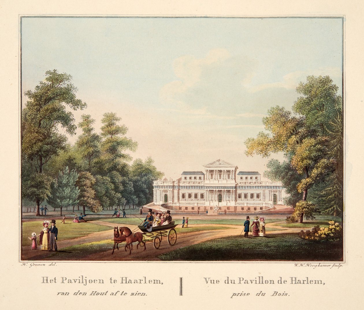Pavillonen i Harlem, set fra skoven. Vue du Pavillon de Harlem, prise du Bois, 1825 (håndkoloreret stik) af Bendrik Greeven