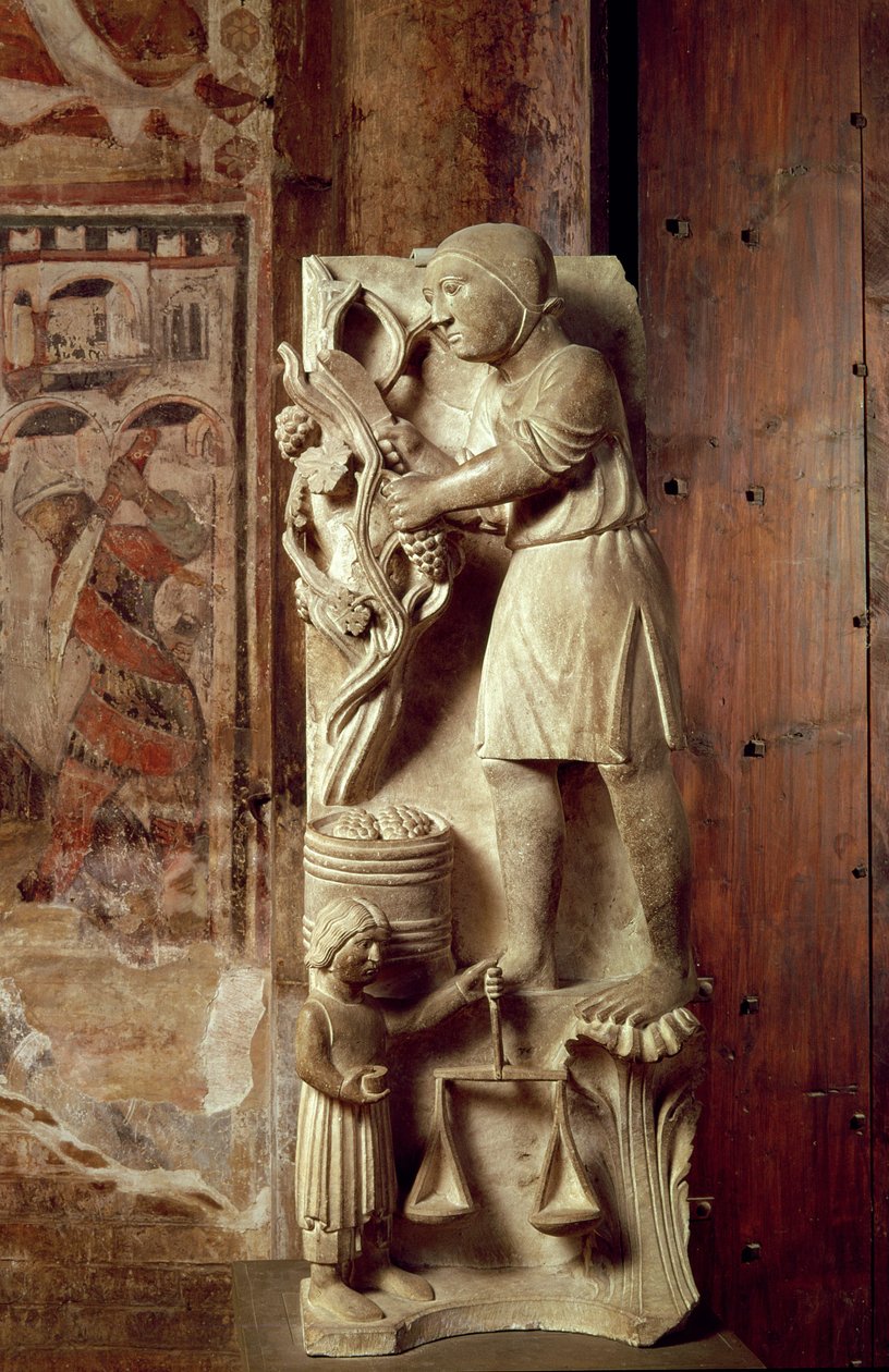 Indsamling af druer: September fra en statueret kalender for Månedens Arbejder, ca. 1200 af Benedetto Antelami