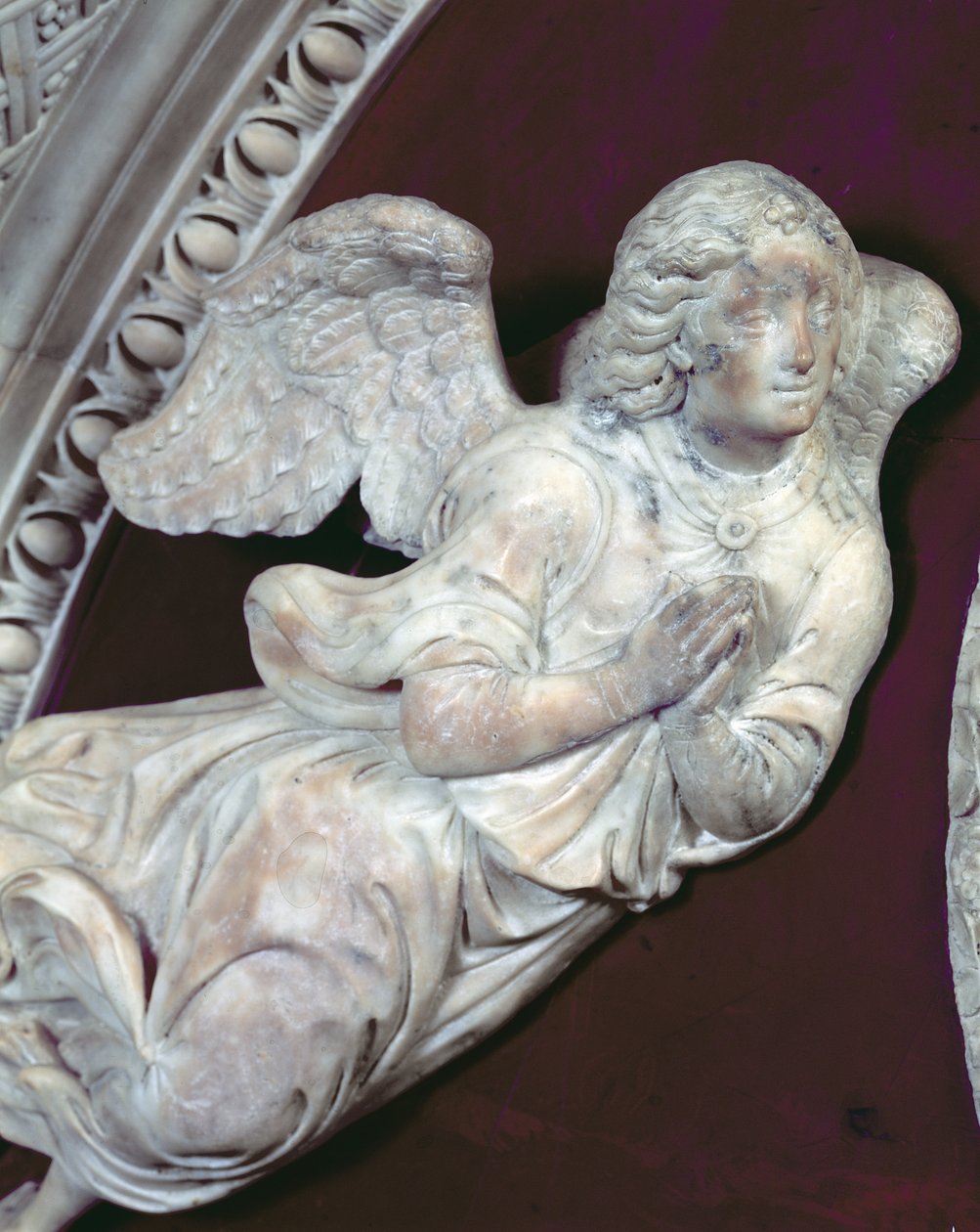 Filippo Strozzis grav 1428-91 i Strozzi-kapellet, detalje af en engel, 1491-95 marmordetalje af 208700 af Benedetto da Maiano