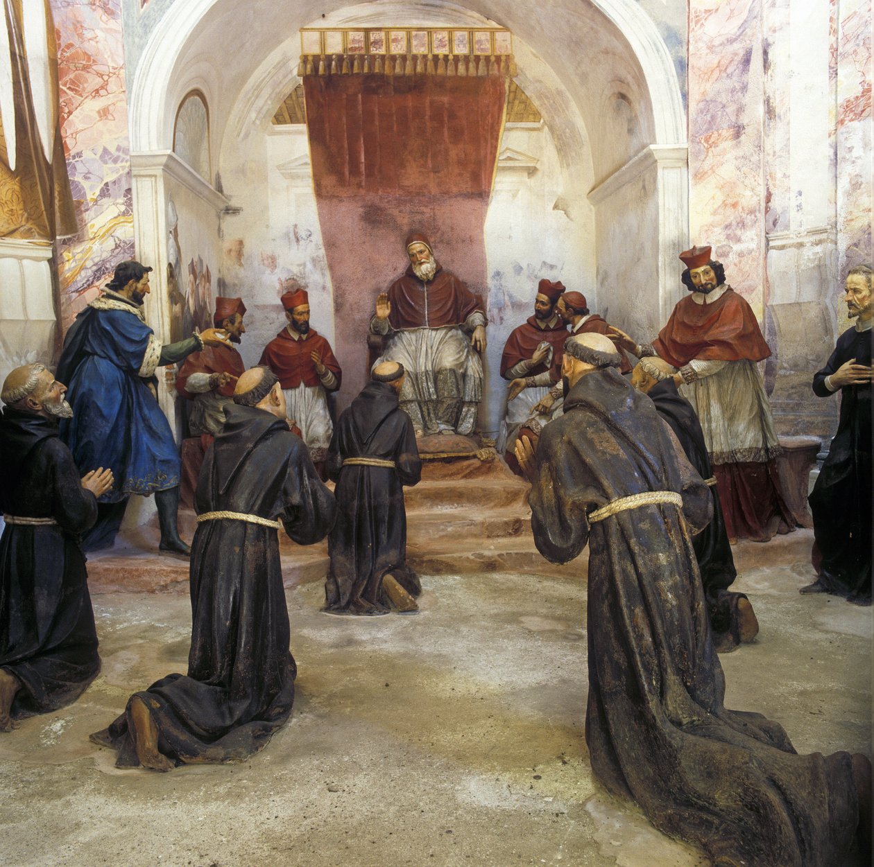 Saint Francois af Assisi og det franciskanske samfund modtog godkendelsen af den første regel af pave Innocent III (1160-1216) i 1210 (fresko) af Benedetto (1580 1630) Crespi