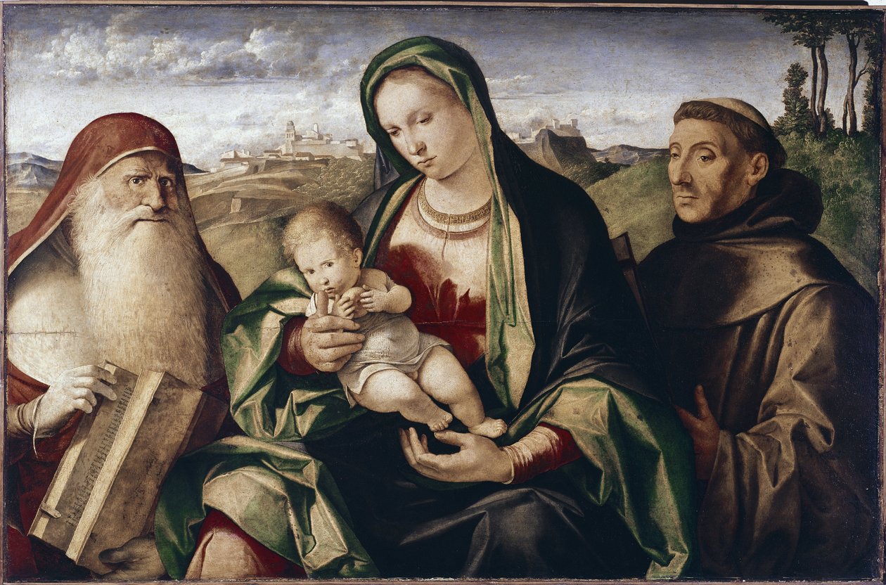 Madonna med barn mellem de hellige Jerome og Frans (olie på træ af Benedetto (c.1460 1525) Diana