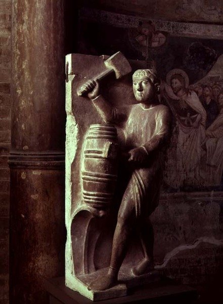 Cooper: August fra en statueret kalender over Månedens Arbejder, ca. 1200 (sten) af Benedetto Antelami