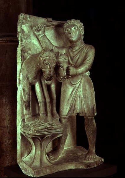 Tærskning af hvede: Juli fra en statueret kalender for Månedens Arbejder, ca. 1200 (sten) af Benedetto Antelami