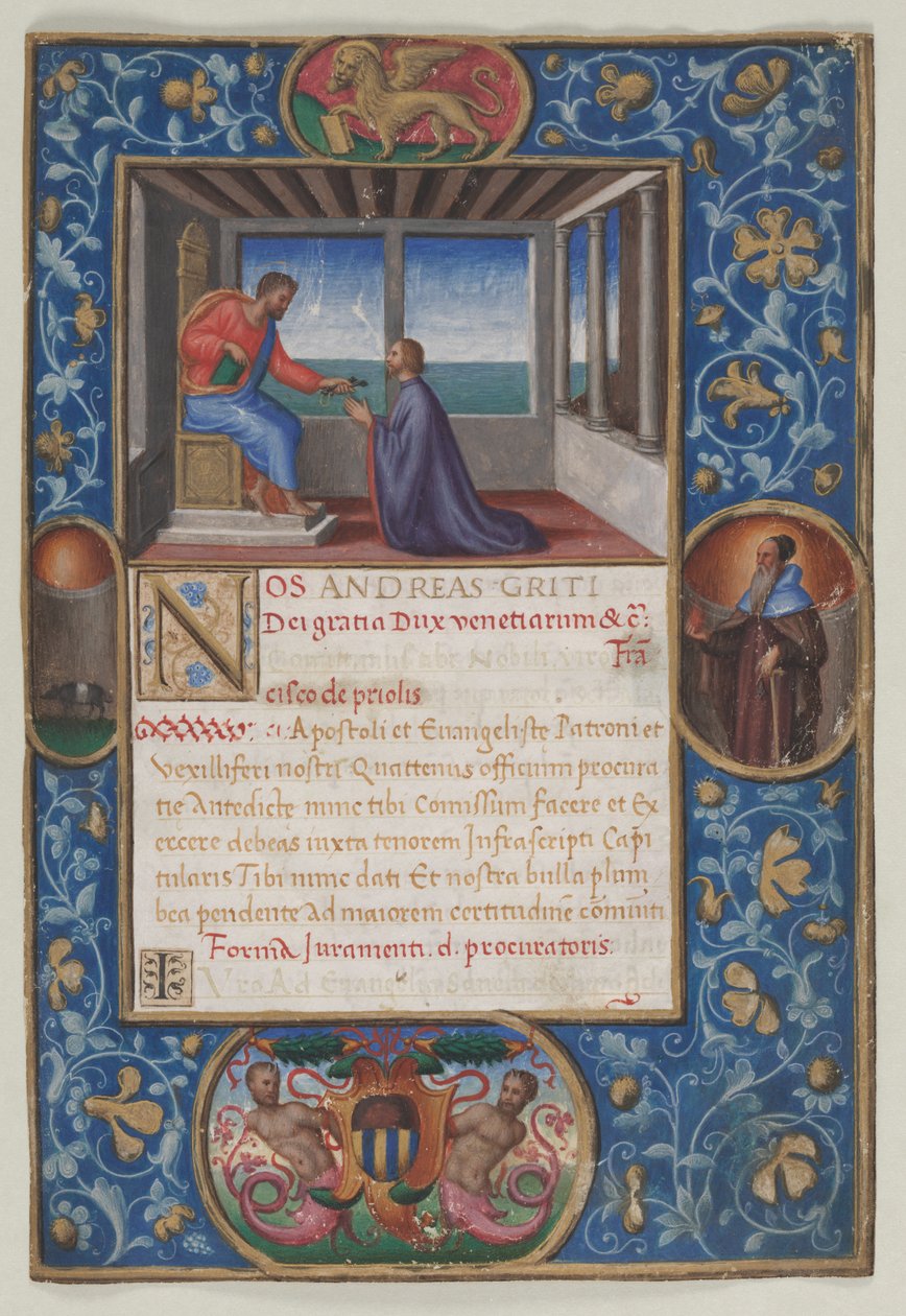 Blad fra en kommission: Markus giver Venedigs nøgler til Francesco de Priuli, ca. 1523-1524. af Benedetto Bordone