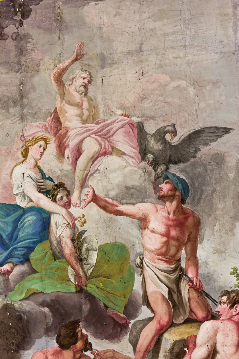 Allegorisk skildring af Olympen med Jupiter, Ceres og Vulcan, detalje af apoteosen om arbejde, landbrug, kunst og videnskab (fresko) af Benedetto Cotarti