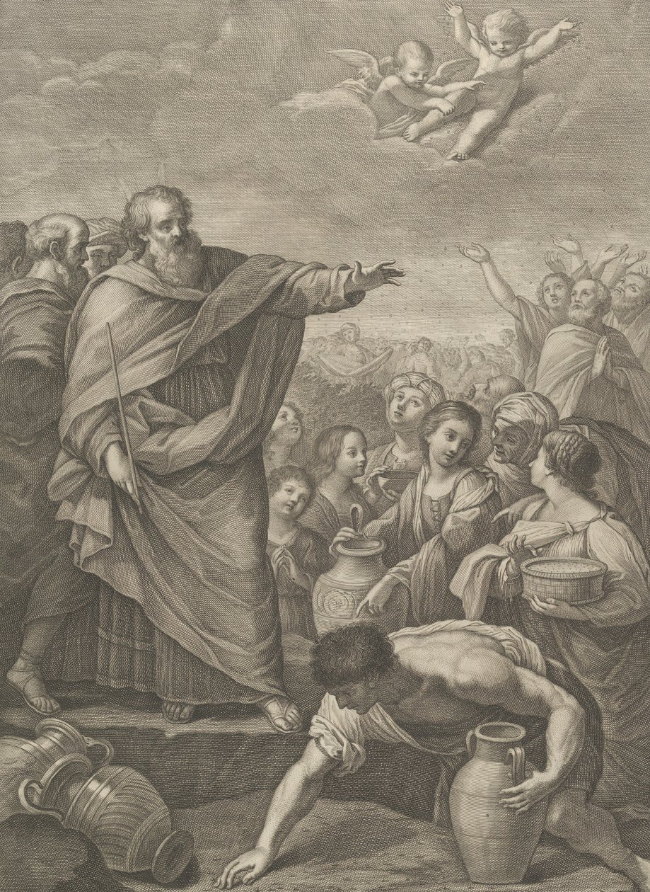 Moses til venstre sammen med israelitterne, der samler manna, når den falder ned fra himlen, to engle ab..., 1776 af Benedetto Eredi