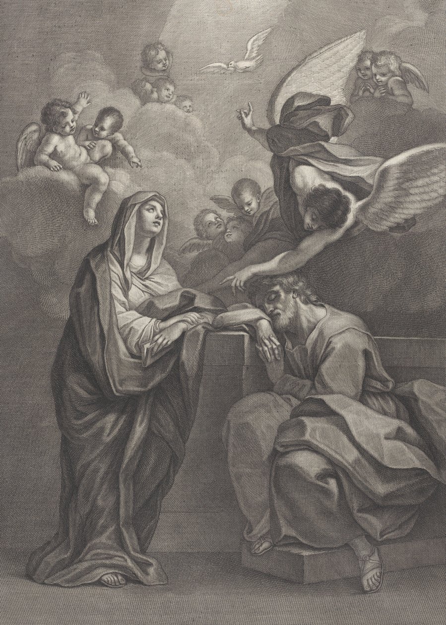 Plade 6: Sankt Josefs drøm, med Jomfru Maria til venstre og en engel over, der peger ..., 1777 af Benedetto Eredi