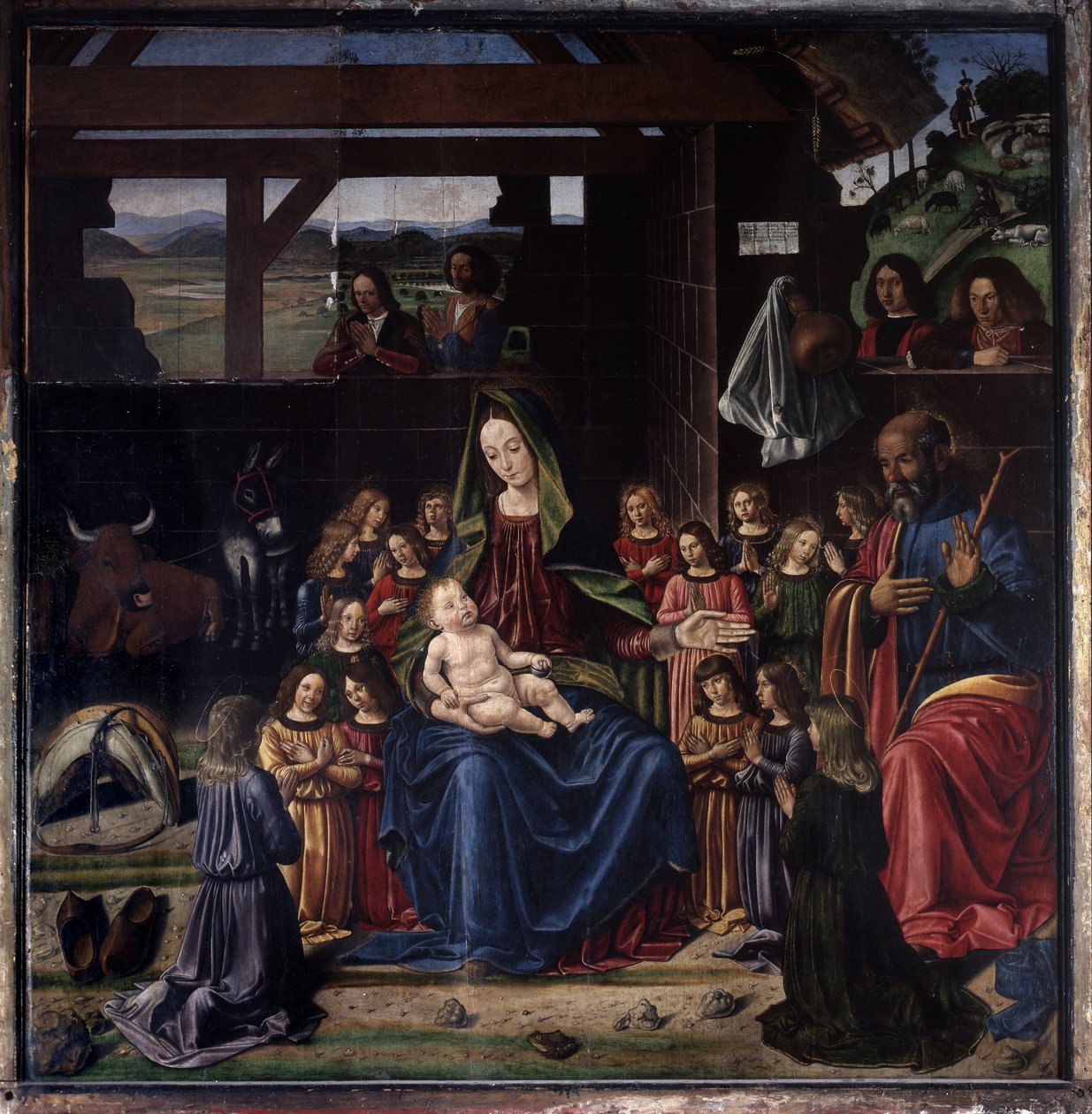 Fødselen. Maleri af Benedetto Ghirlandaio (1458-1497). Olie på træ. Mål: 147x144 cm. Aigueperse kirke af Benedetto Ghirlandaio