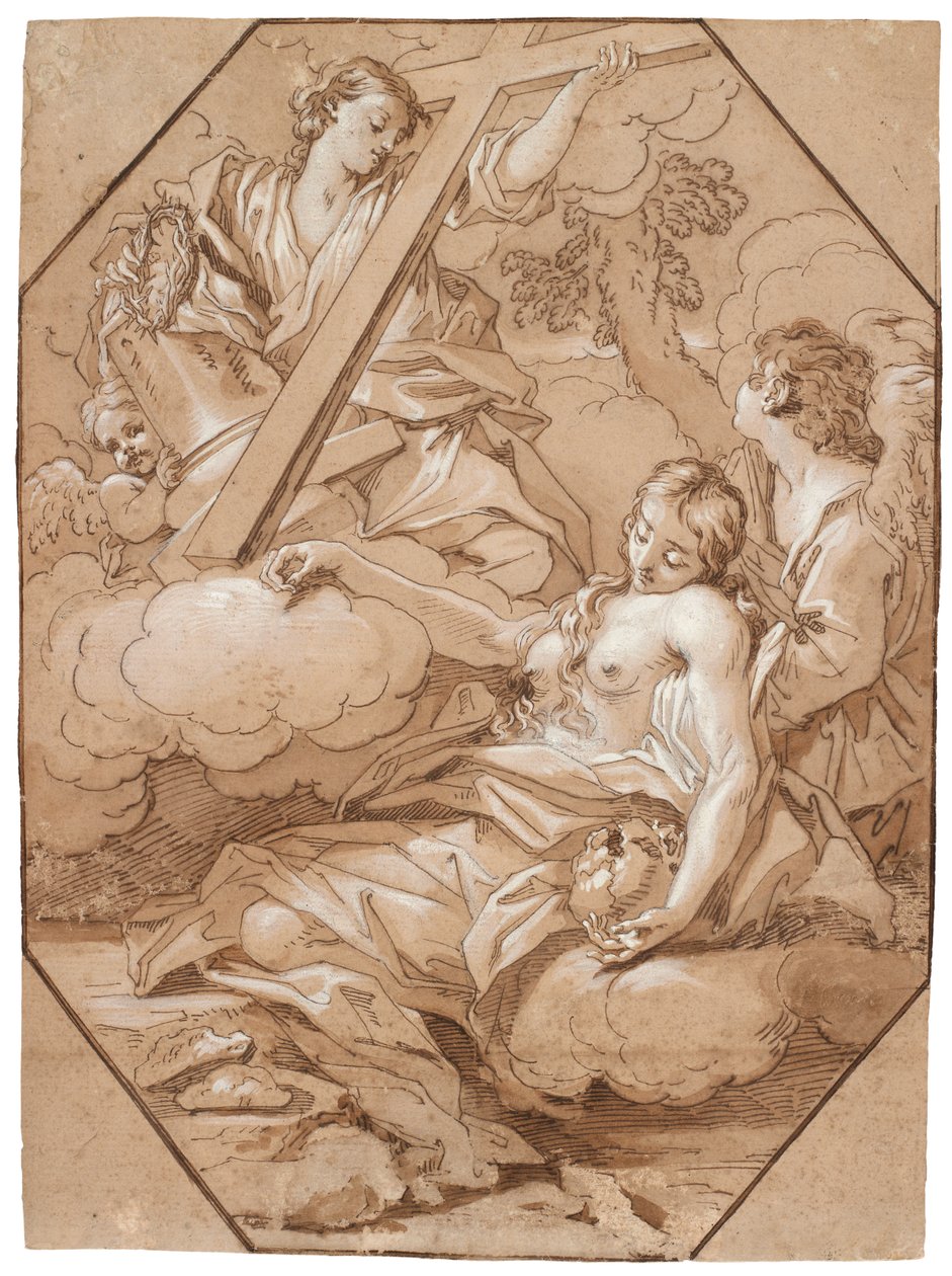 The Ecstasy of Saint Mary Magdalene, ca. 1715-19 (pen & blæk med brun vask, forhøjet med hvid, med ottekantede indramningslinjer af brunt blæk på lagt papir) af Benedetto Luti