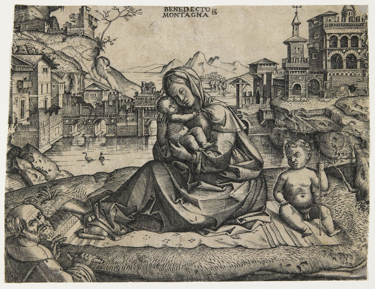 Den hellige familie med spædbarnet Saint John i et landskab, ca. 1506-1512 af Benedetto Montagna