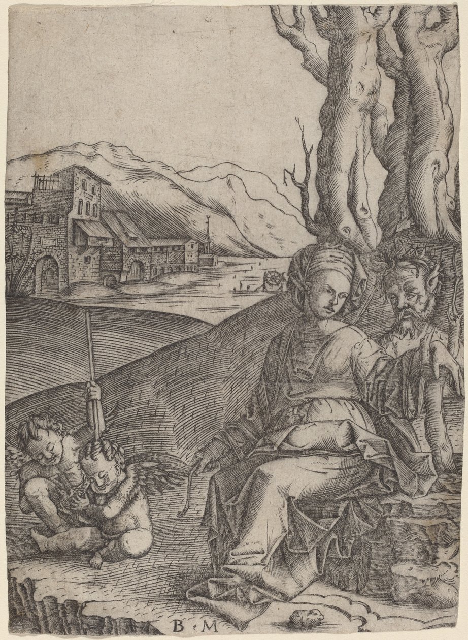Kvinde og Satyr med to Amorer af Benedetto Montagna