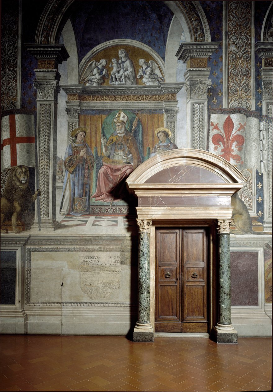 Saint Zanobius, Saint Lawrence og Saint Stephen (Hall of Lilies) (fresco af Benedetto da Maiano