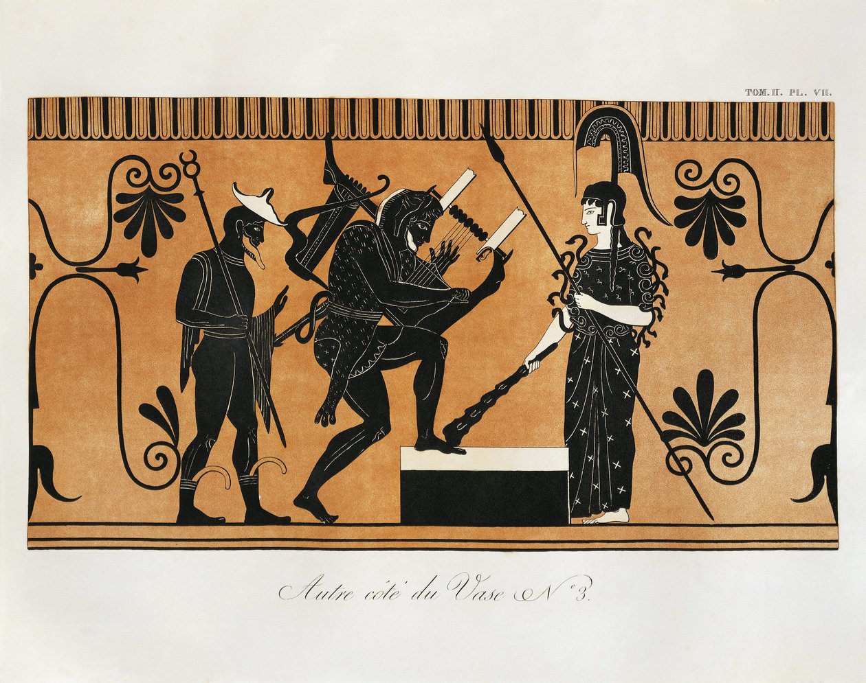 Scene fra oldgræsk vase med Herakles, der spiller lyre foran Athene med Hermes stående bag ham af Piringer (efter græsk original), kobberstik af Benedict or Benedikt Piringer