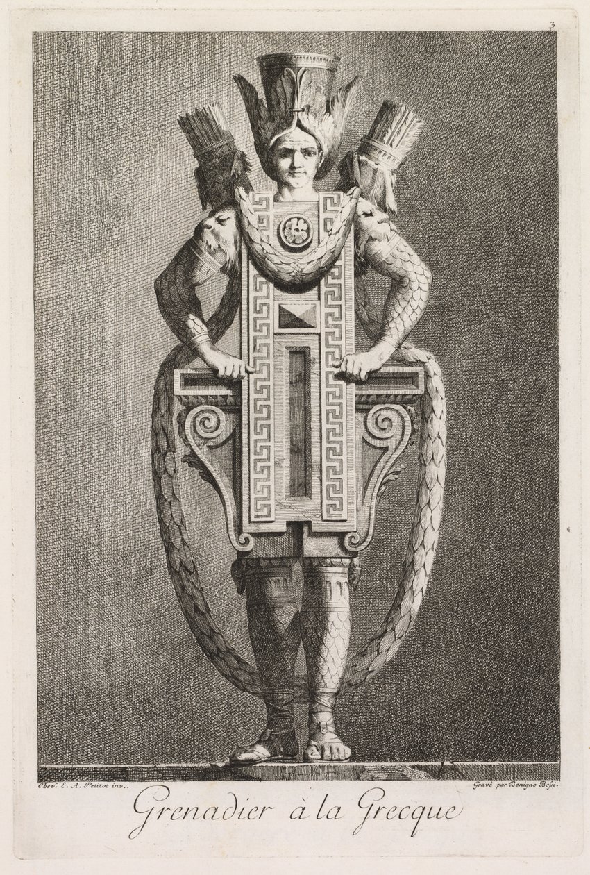 Masquerade à la Grecque: Grenadier à la Grecque Plate 3, 1771. af Benigno Bossi