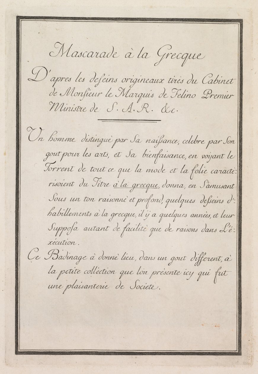 Græsk maskerade: Titelblad 1, 1771. af Benigno Bossi
