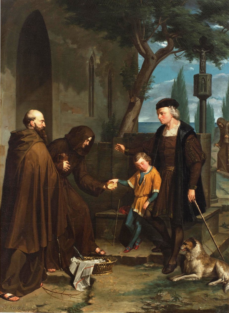 Columbus ved dørene til klostret Santa Maria de la Rabida beder om brød og vand til sin søn, 1858 af Benito Mercade y Fabregas