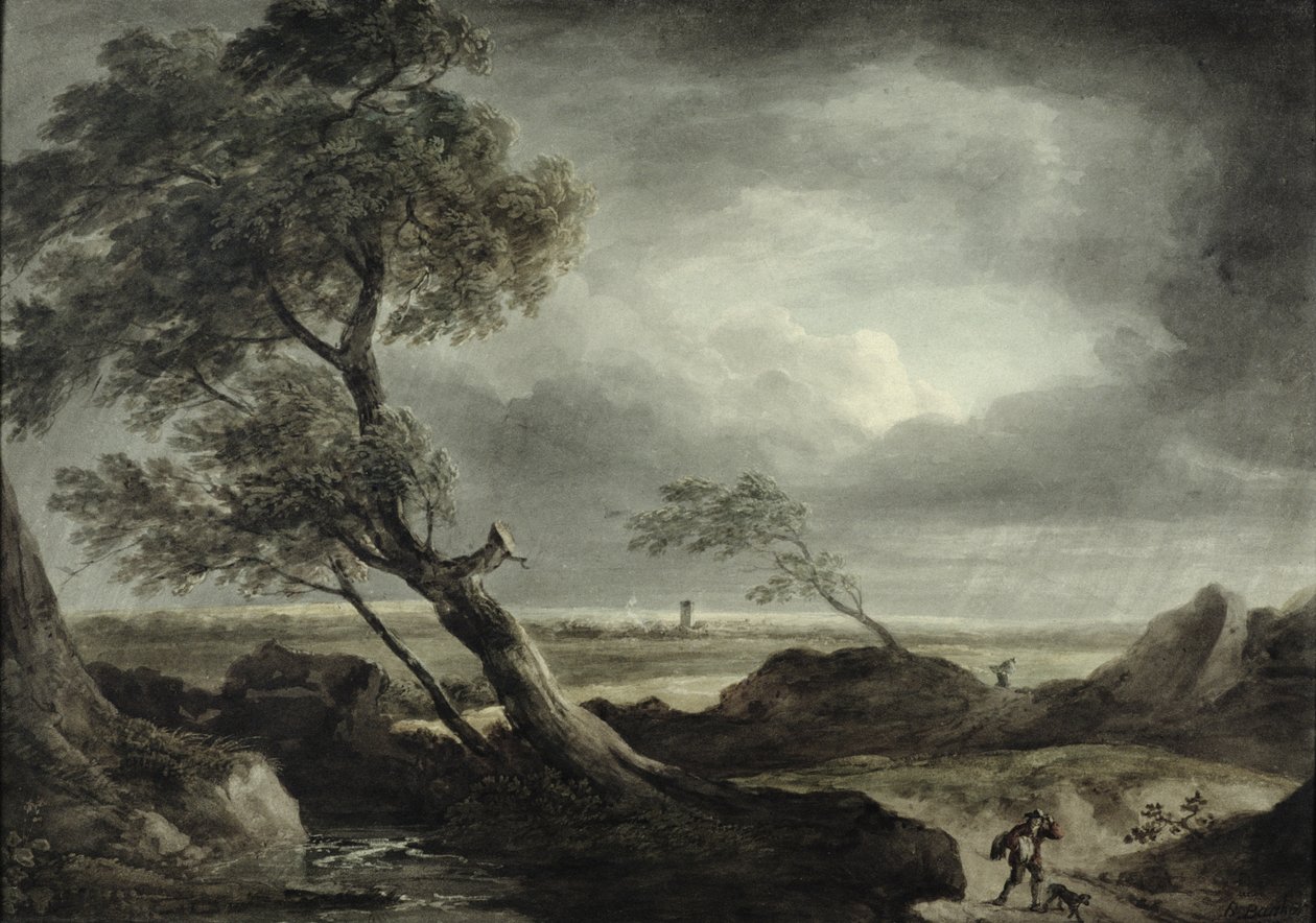 Landskab med landsby: Stormeffekt af Benjamin Barker