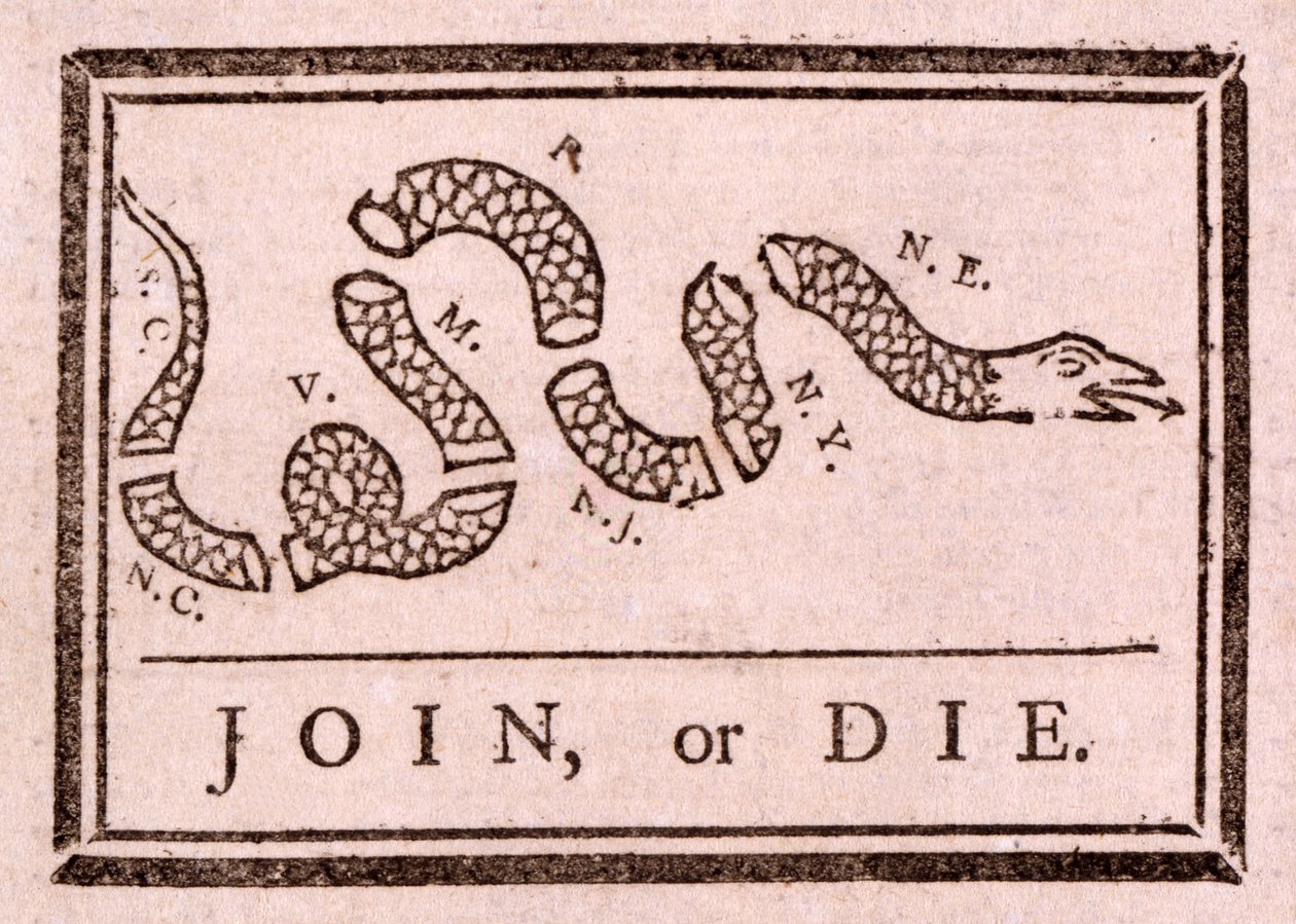 Deltag i, eller dø, pub. 1754 af Benjamin Franklin