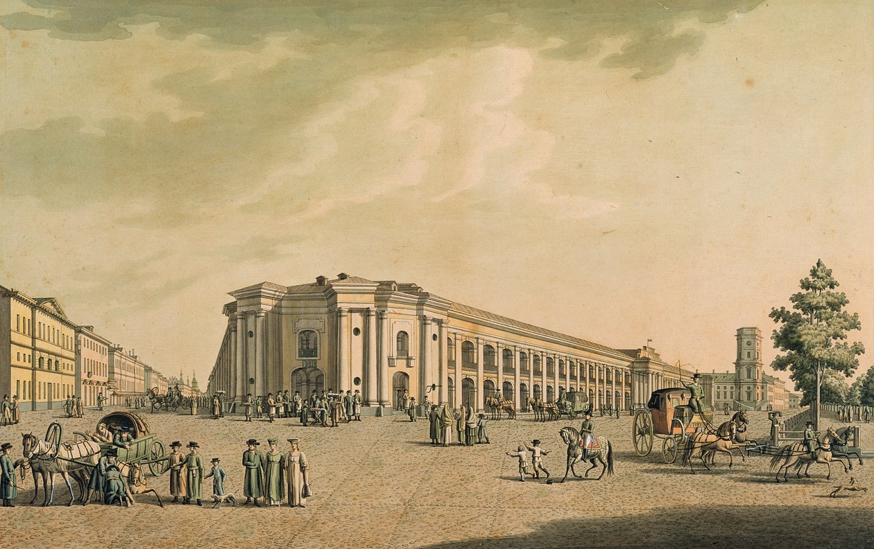 Udsigt over de russiske butikker på Nevskij Prospekt, med Dumaens hus, Sankt Petersborg, 1802 (stik med wc) af Benjamin Patersson