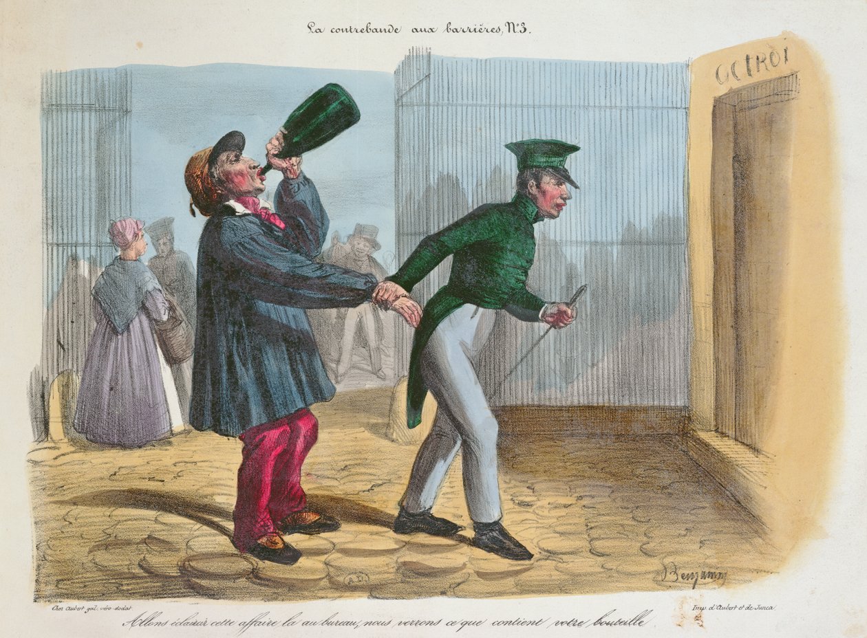 Opdagelse af Contreband ved toldbarrieren ved indsejlingen til Paris, ca. 1840 af Benjamin Roubaud