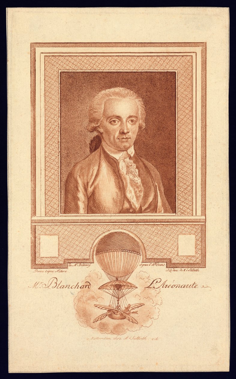 Mr. Blanchard, Aeronaut, c.1780-1800 stipple engraving af Benjamin Samuel Bolomey
