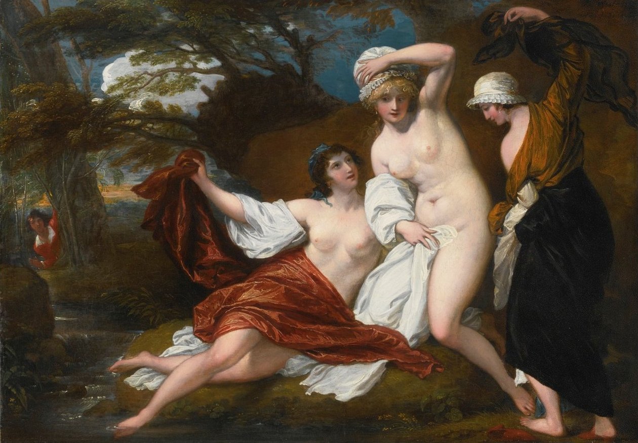 Musidora og hendes to ledsagere, Sacharissa og Amoret, på deres bad spioneret af Damonn af Benjamin West