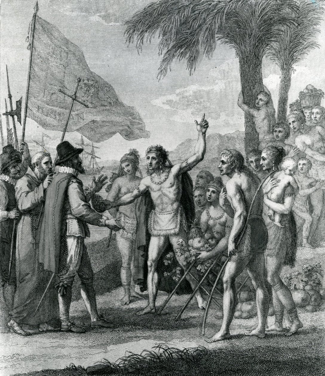 En indisk Cacique fra øen Cuba henvender sig til Columbus (1451-1500) om en fremtidig stat, frontispice til 