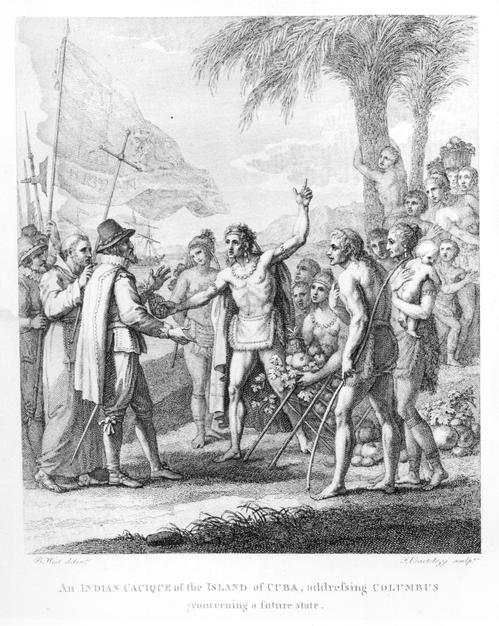 En indisk Cacique fra øen Cuba henvender sig til Columbus (1451-1500) om en fremtidig stat, frontispice til 