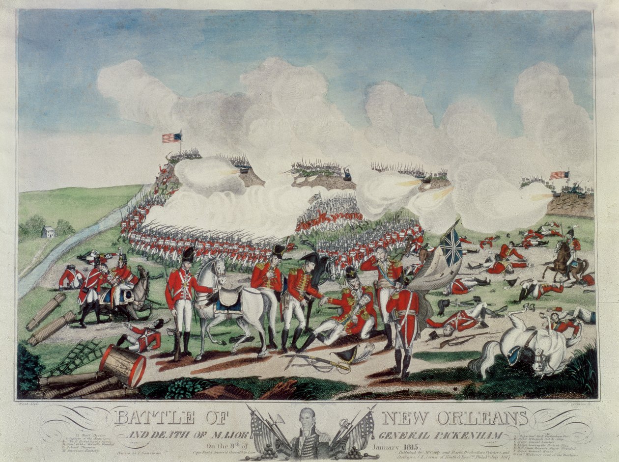 Slaget ved New Orleans og generalmajor Packenhams død den 8. januar 1815, indgraveret af J. Yeager, udgivet af McCarly und Davis, 1817 af Benjamin West