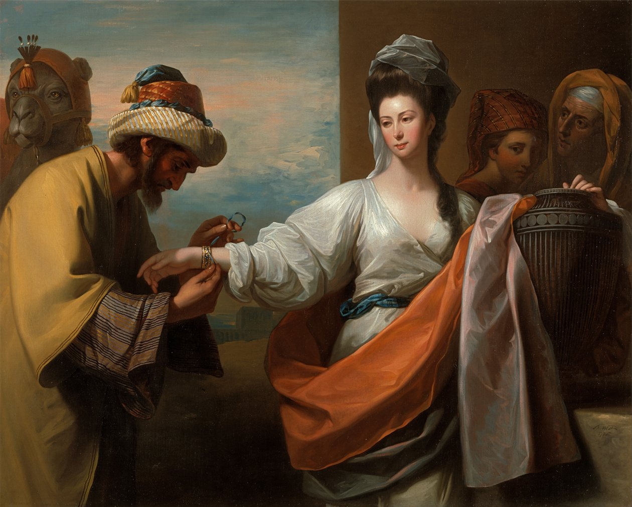 Isaacs tjener, der binder armbåndet på Rebeccas arm af Benjamin West