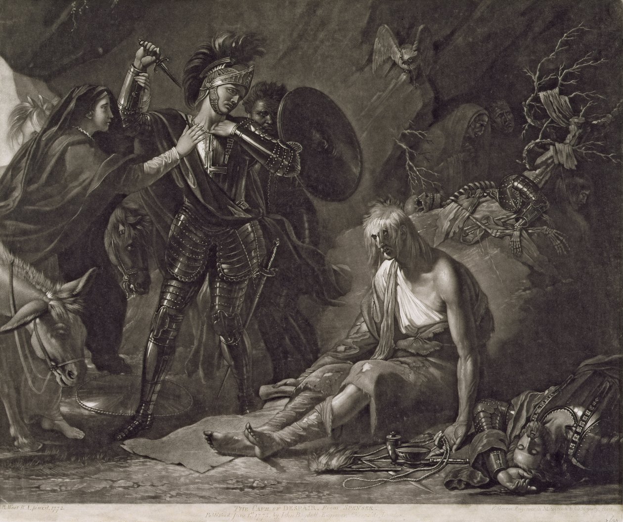 Fortvivlelsens hule, fra Spenser, indgraveret af Valentine Green (1739-1813) 1775 (mezzotint) af Benjamin West