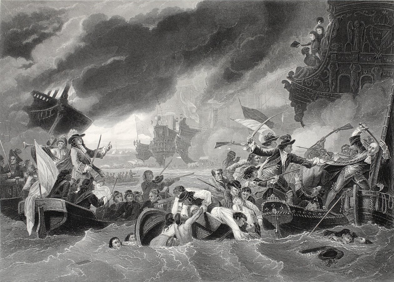 Slaget ved La Hogue, indgraveret af W. French (litho) af Benjamin (after) West