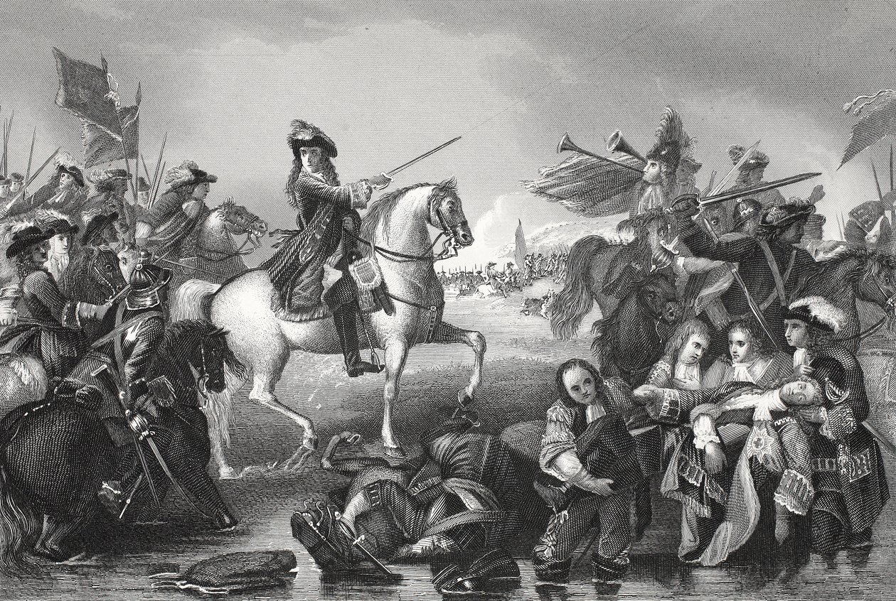Battle of the Boyne, indgraveret af W. French (litho) af Benjamin (after) West