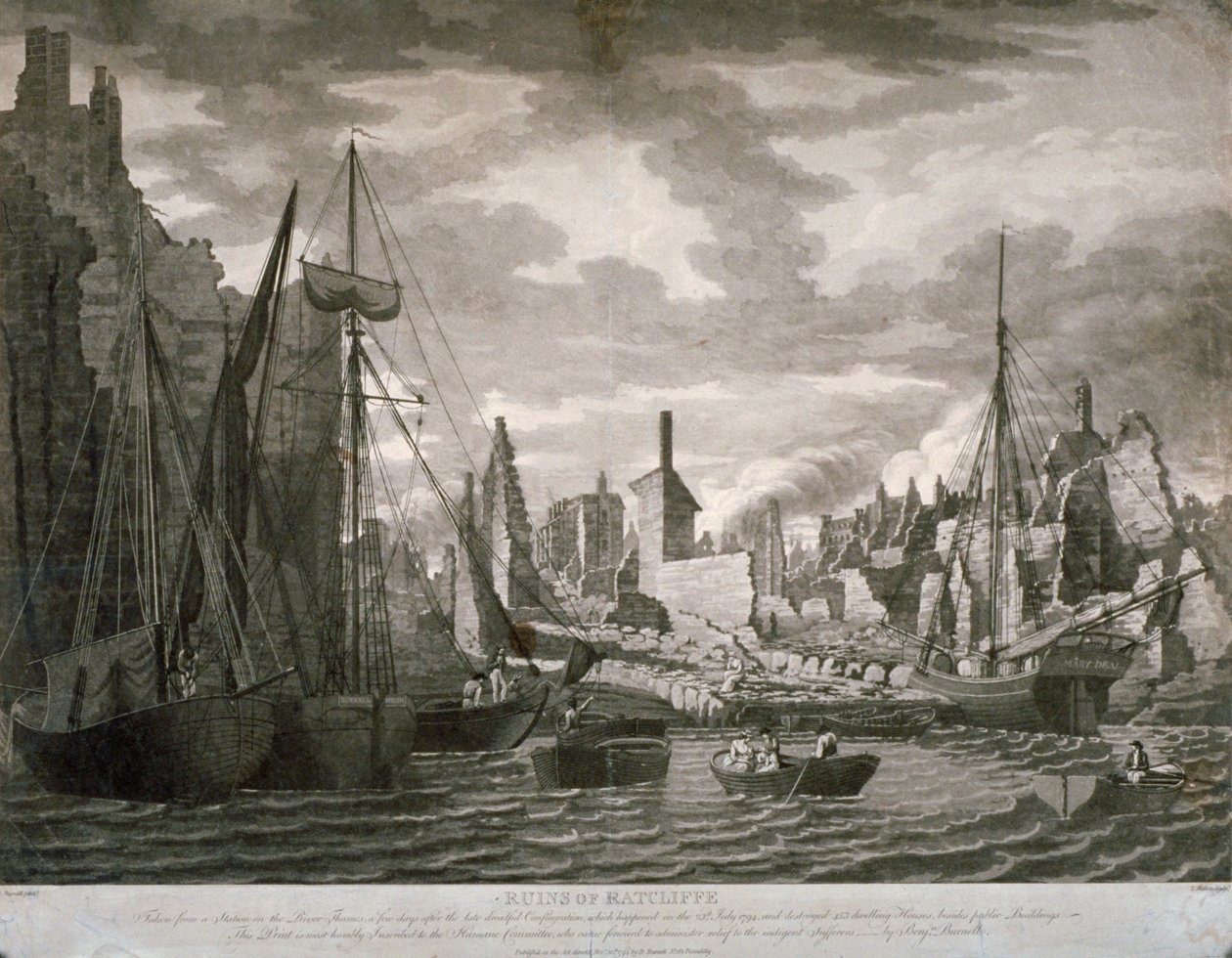 Udsigt over Ratcliffe-området, London, der viser ruinerne efter branden den 23. juli, 1794 af Benjamin Burnell