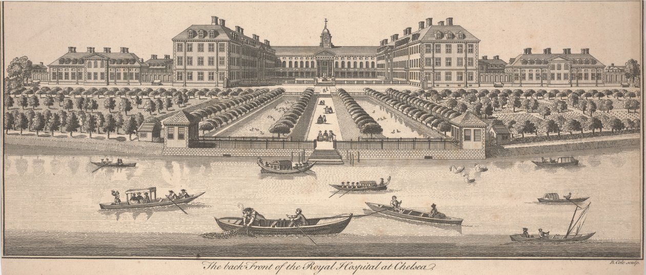 Bagsiden af det kongelige hospital i Chelsea, udgivet 1756 (kobberstik) af Benjamin Cole