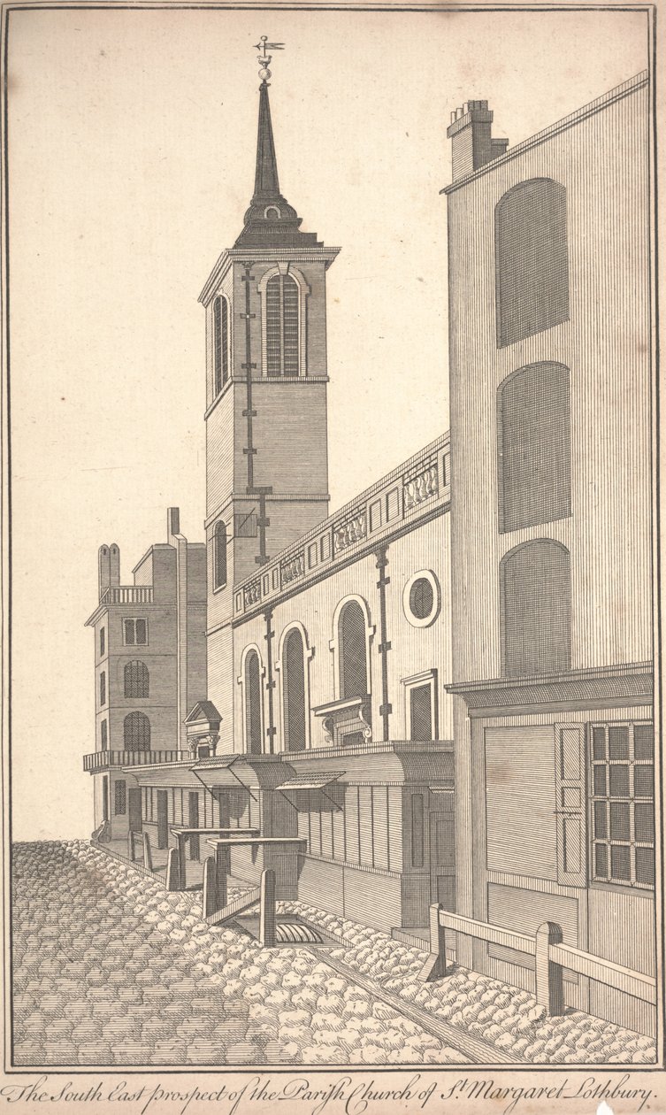 The South East Prospect of the Parish Church of St. Margaret Lothbury, ca. 1750 (gravering) af Benjamin Cole
