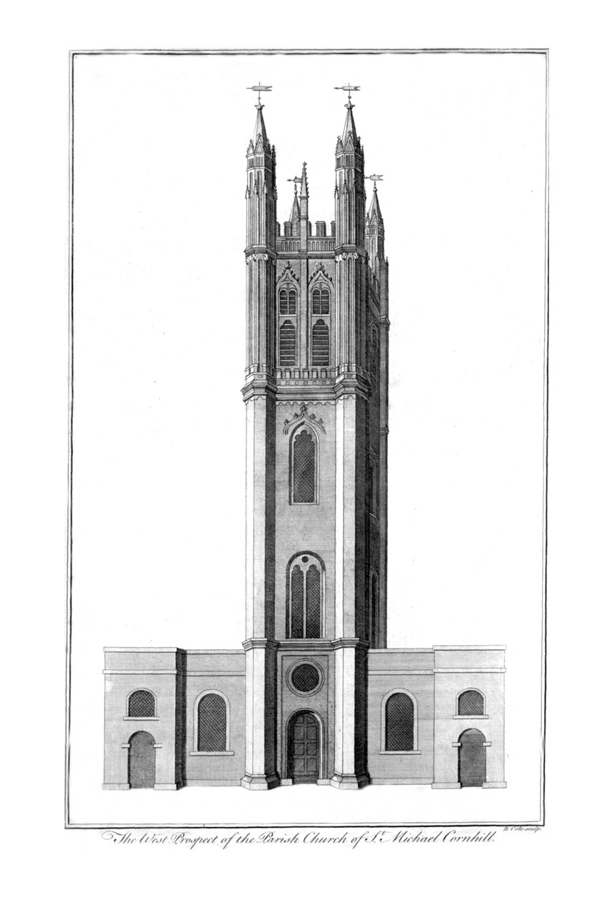 The West Prospect of the Parish Church of St. Michael Cornhill, c1756 af Benjamin Cole