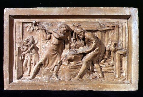 Mænd, der arbejder ved en ambolt, plakette (terracotta) af Benjamin Creswick