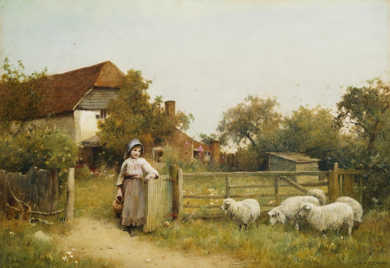 Ung pige med får, ved et sommerhus af Benjamin D. Sigmund