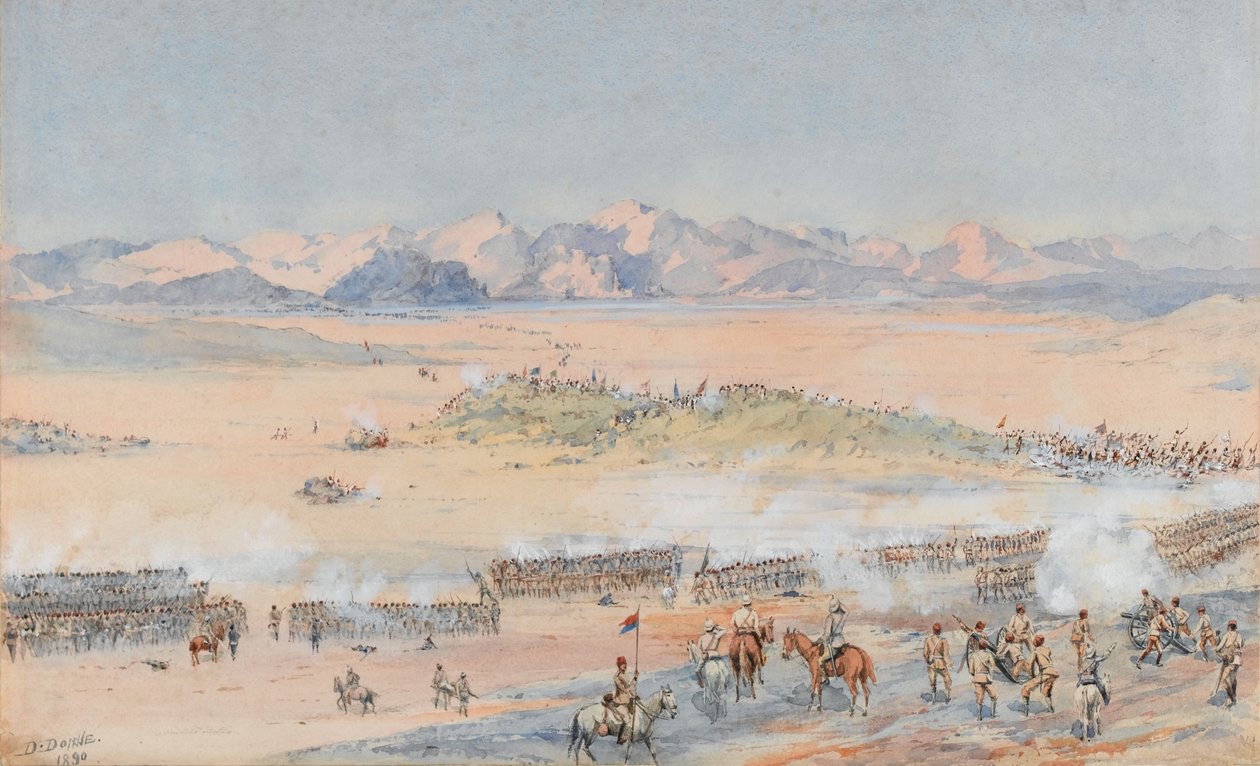 Fremrykning af den 9. og 10. sudanesiske bataljon af den egyptiske hær i slaget ved Toski, 3. august 1889 (akvarel) af Benjamin Donisthorpe Alsop Donne