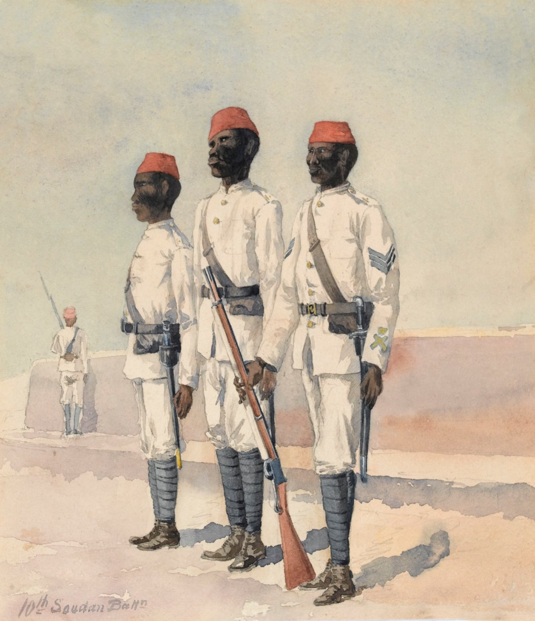 Sergent og to andre rækker fra den 10. Sudanesiske Bataljon, ca. 1889 (akvarel) af Benjamin Donisthorpe Alsop Donne