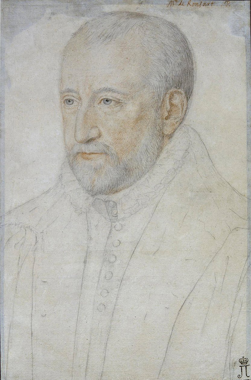 Portræt af Pierre de Ronsard (1524-1585) af Foulon, Benjamin (ca. 1550-ca. 1612). Sort kridt og sangvinsk på papir, størrelse: 33x23, anden halvdel af det 16. århundrede, State Hermitage, St. Petersburg af Benjamin Foulon
