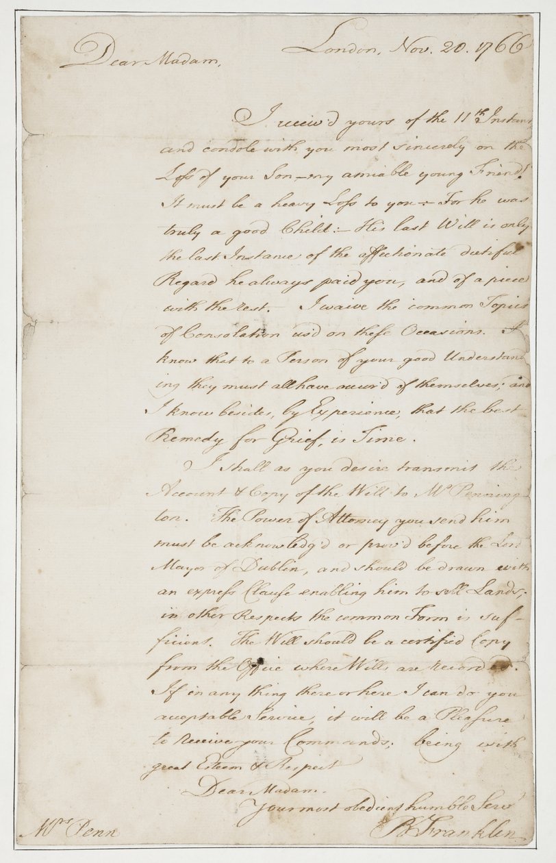 Autografbrev til Mrs. Ann Penn, London, 20. november 1766 (pen og blæk på papir) af Benjamin Franklin