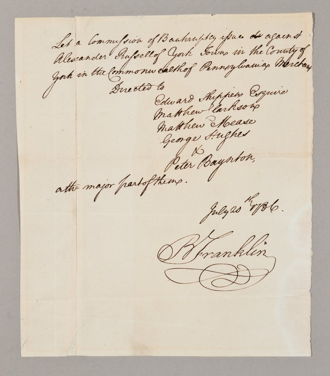 Konkurskommission, 20. juli 1786 (pen og blæk på papir) (se også 2561291-93) af Benjamin Franklin