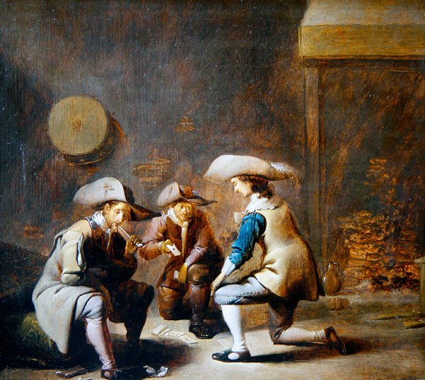 Et vagtværelses interiør med soldater spillekort (olie på panel) af Benjamin Gerritsz. Cuyp