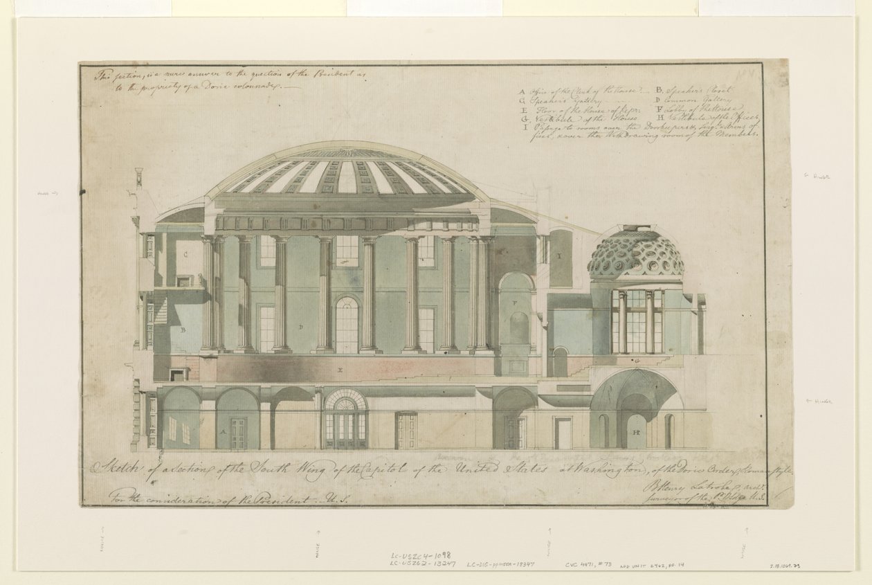 Sektion af US Capitol South Wing, 1803 (pen og blæk med vask på papir) af Benjamin Henry Latrobe